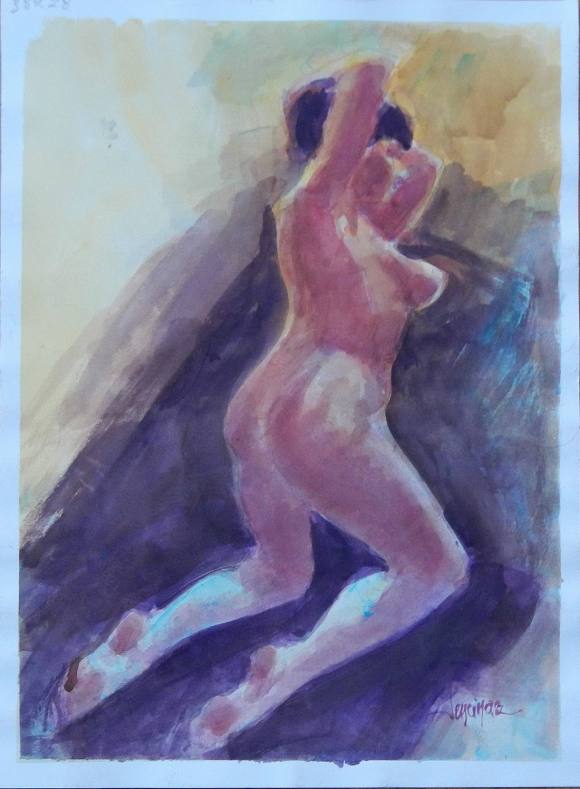 Carlos Enrique Lencinas Gómez. Acuarela sobre papel. ”Desnudo femenino”. Firmado a mano. 41x30 cm. 