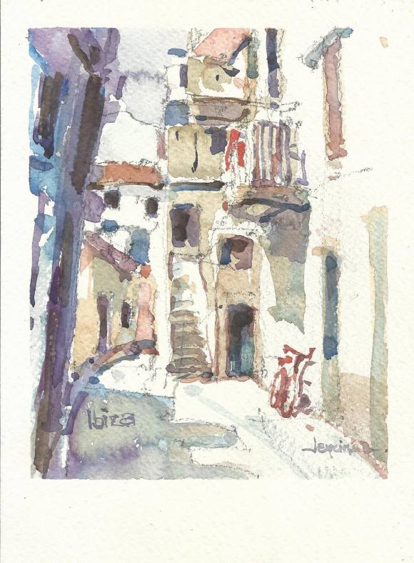 Carlos Enrique Lencinas Gómez. Acuarela sobre papel. ”Ibiza”. Firmado a mano. 21x15,5 cm.