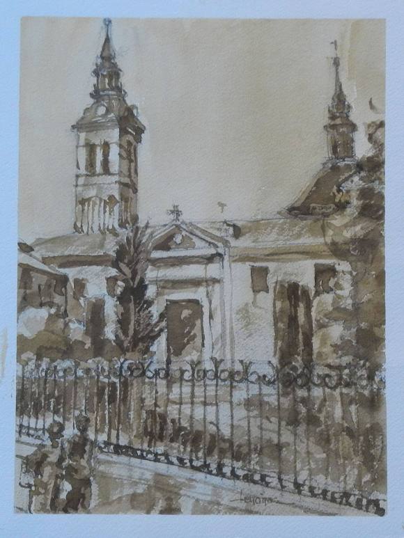 Carlos Enrique Lencinas Gómez. Acuarela sobre papel. ”Iglesia Navalcarnero. Madrid”. Firmado a mano. 31x23 cm.