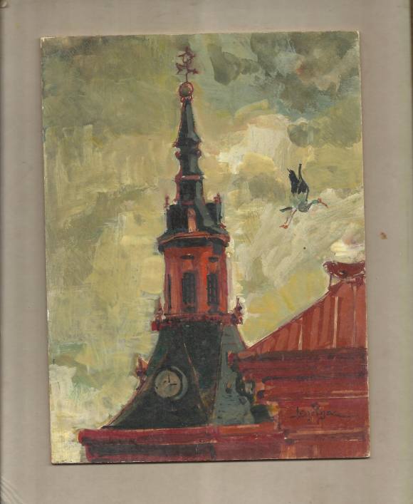 Carlos Enrique Lencinas Gómez. Acrílico sobre cartón. ”Torre. Iglesia. Navalcarnero. Madrid”. Firmado a mano. 22x16,5 cm. 
