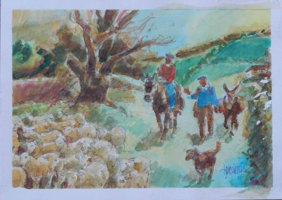 Carlos Enrique Lencinas Gómez. Acuarela sobre papel. ”Rebaño de ovejas, pastores y burros”. Firmado a mano. 25x35 cm. 