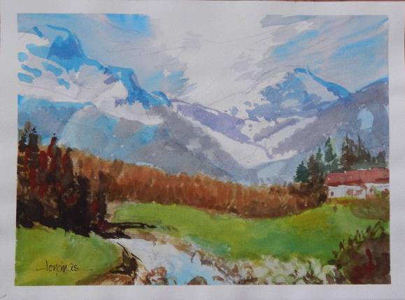 Carlos Enrique Lencinas Gómez. Acuarela sobre papel. ”Paisaje montañoso y nevado”. Firmado a mano. 28x38 cm. 