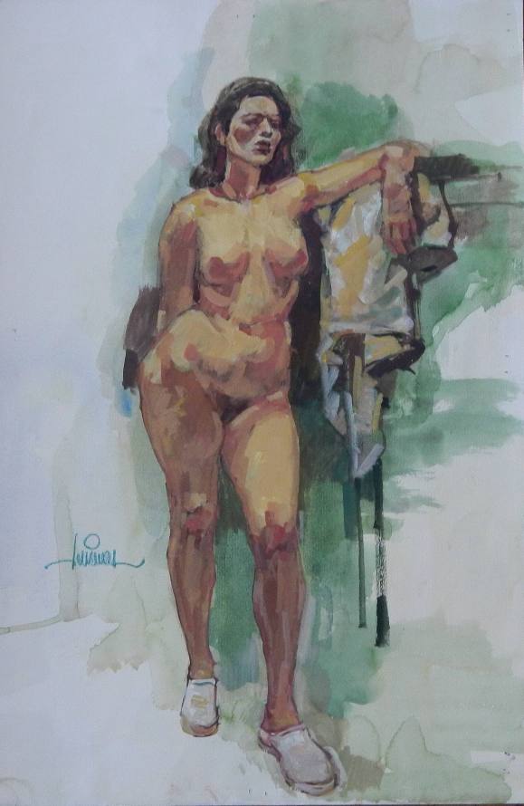 Carlos Enrique Lencinas Gómez. Acuarela sobre papel. ”Desnudo femenino. Mujer apoyada.”. Firmado a mano. 41x30 cm. 