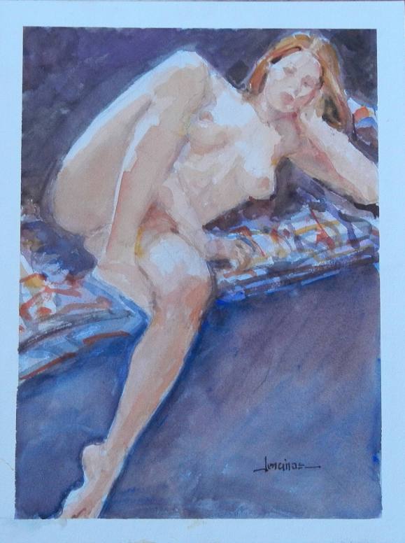 Carlos Enrique Lencinas Gómez. Acuarela sobre papel. ”Desnudo femenino”. Firmado a mano. 41x31 cm.