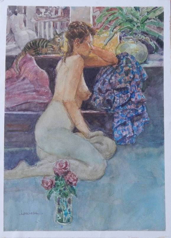 Carlos Enrique Lencinas Gómez. Acuarela sobre papel. ”Desnudo femenino con gato y tres rosas en jarrón”. Firmado a mano. 50x36 cm. 