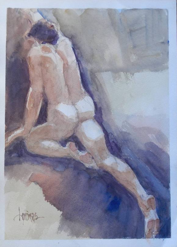 Carlos Enrique Lencinas Gómez. Acuarela sobre papel. ”Desnudo masculino”. Firmado a mano. 35x25 cm. 