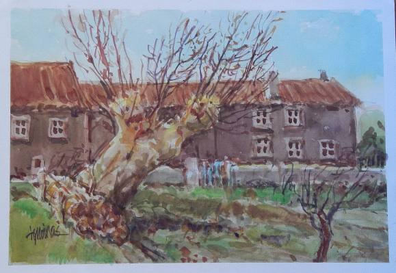 Carlos Enrique Lencinas Gómez. Acuarela sobre papel. ”Casa rural o campestre señorial”. Firmado a mano. Montado en cartón pluma. 25x36 cm. 