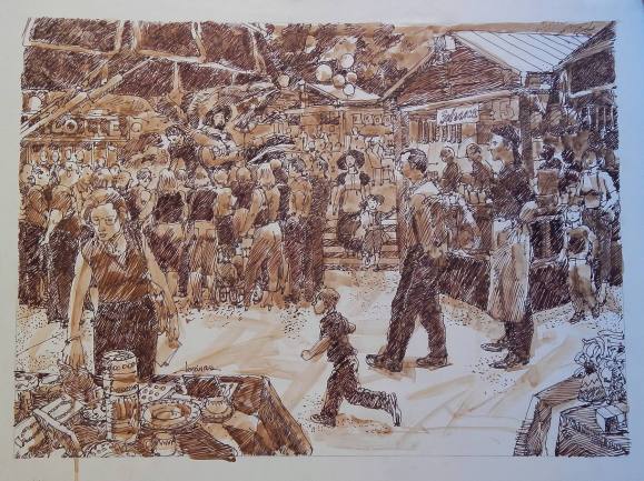 Carlos Enrique Lencinas Gómez. Acuarela sobre papel. ”Mercado medieval El Álamo”. Firmada a mano. Montado en cartón pluma. 50x65 cm. 