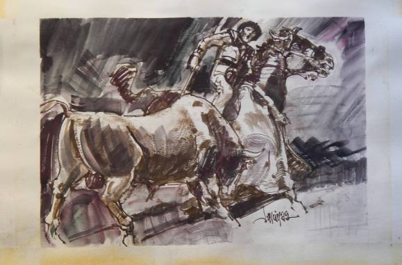 Carlos Enrique Lencinas Gómez. Acuarela sobre papel. ”Picador y toro”. Firmado a mano. 50x33 cm. Detrás desnudo femenino sin firmar. 