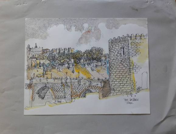 Carlos Enrique Lencinas Gómez. Acuarela y tinta sobre papel. ”Puente San Martín. Toledo. 1988.