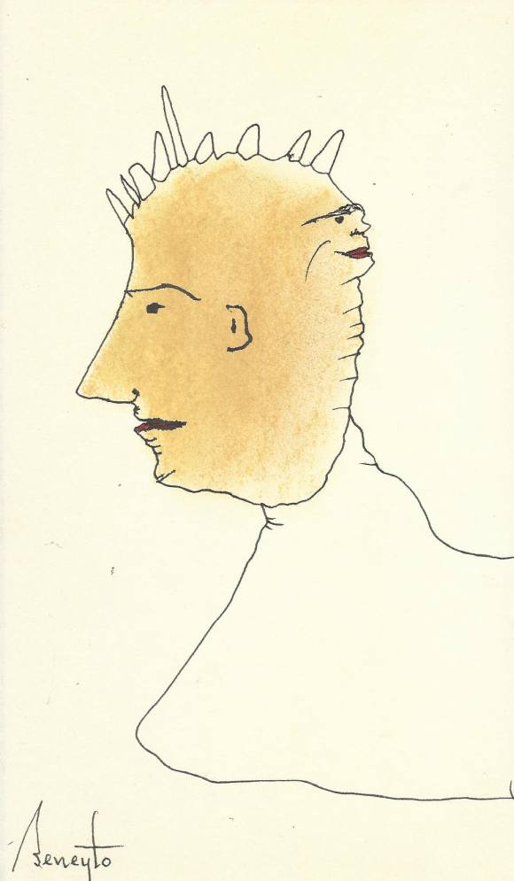Antonio Beneyto. Dibujo a tinta y color sobre papel. Surrealismo. Firmado a mano. 21,5x12,5 cm.
