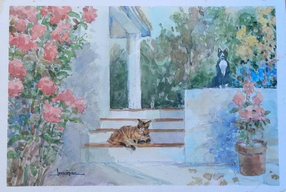 Carlos Enrique Lencinas Gómez. Acuarela sobre papel. ”Casa, gatos y flores”. Firmado a mano. Montado en cartón pluma. 36x25 cm. 