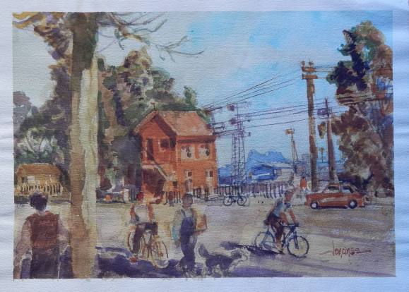 Carlos Enrique Lencinas Gómez. Acuarela sobre papel. ”Bicicletas, coche y ciudad”. Firmado a mano. 28x38 cm. 