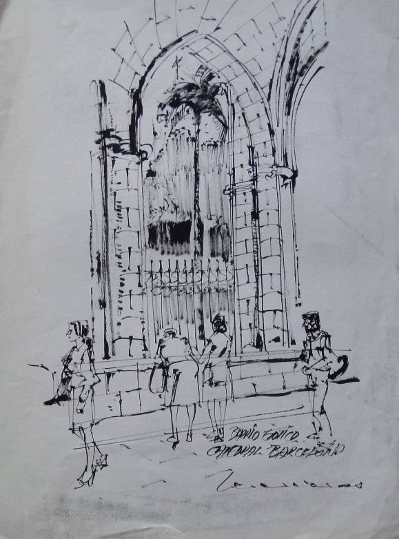 Carlos Enrique Lencinas Gómez. Tinta sobre papel. ”Catedral Barcelona. Barrio Gótico”. Firmada a mano.