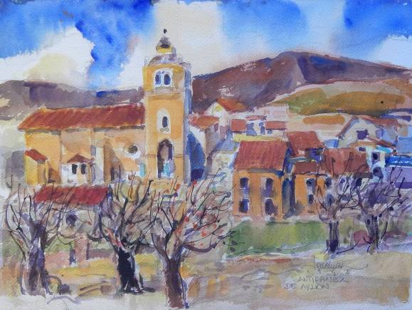 Carlos Enrique Lencinas Gómez. Acuarela sobre papel. ”Santibañez de Ayllón”. Firmado a mano. 1993. El dibujo mide 31x41 cm. 
