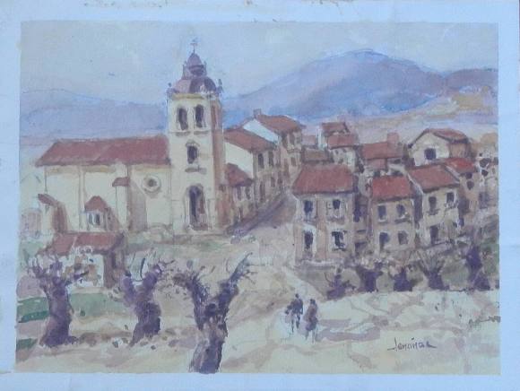 Carlos Enrique Lencinas Gómez. Acuarela sobre papel. ”Vista de pueblo e iglesial”. Firmado a mano. Montado en cartón pluma. 23x31 cm.