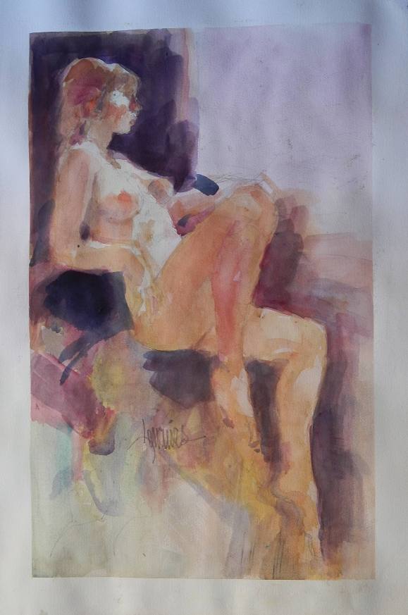 Carlos Enrique Lencinas Gómez. Acuarela sobre papel. ”Desnudo femenino”. Firmado a mano. 50x33 cm. 