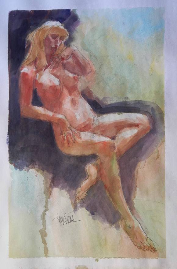 Carlos Enrique Lencinas Gómez. Acuarela sobre papel. ”Desnudo femenino”. Firmado a mano. 50x33 cm. 