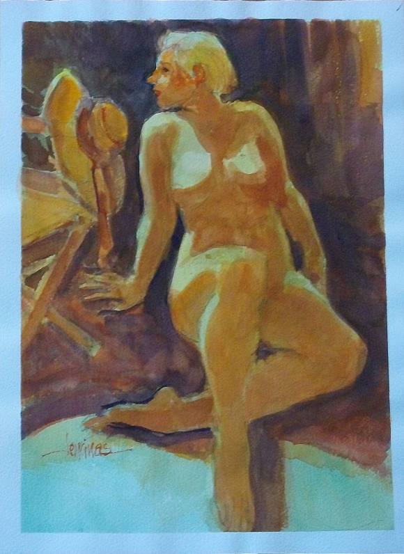 Carlos Enrique Lencinas Gómez. Acuarela sobre papel. ”Desnudo femenino”. Firmado a mano. 38x28 cm. 