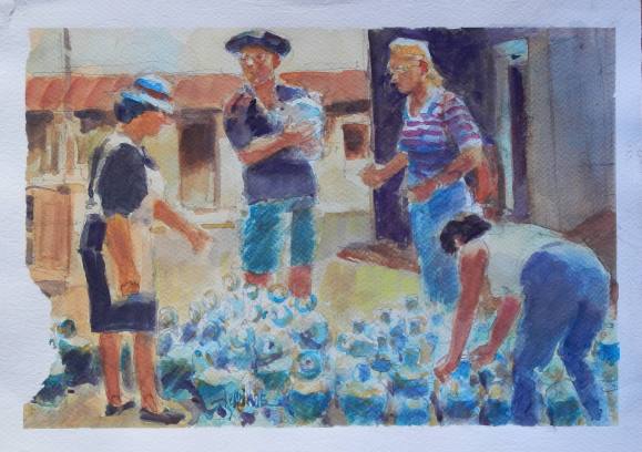 Carlos Enrique Lencinas Gómez. Acuarela sobre papel. ”Personajes populare con jarras o botijos de cristal”. Firmado mano. 25x35 cm. 