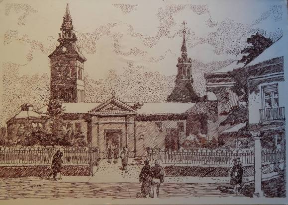 Carlos Enrique Lencinas Gómez. Tinta sobre papel. ”Iglesia Navalcarnero. Madrid”. Firmada a mano. Montado en cartón pluma. 50x70 cm. 