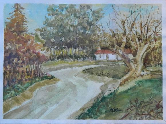 Carlos Enrique Lencinas Gómez. Acuarela sobre papel. ”Camino serpeante, casa y árboles”. Firmada a mano. 35x50 cm. 