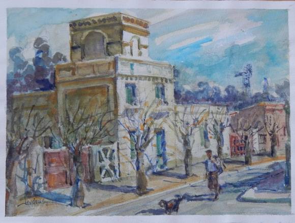 Carlos Enrique Lencinas Gómez. Acuarela sobre papel. ”Casa señorial, señor, perro y molino de viento estilo americano”. Firmado a mano. 28x38 cm. 