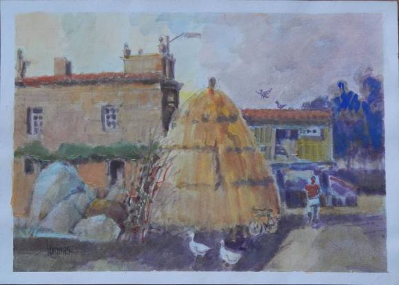 Carlos Enrique Lencinas Gómez. Acuarela sobre papel. ”Palacio con pajar, hórreo y ocas”. Firmado a mano. 30x42 cm. Con dibujos a lápiz detrás. 