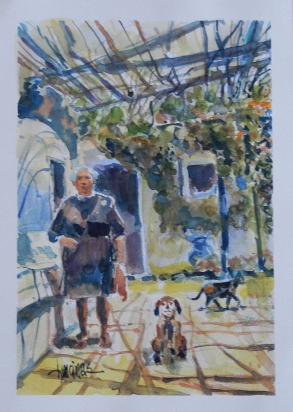 Carlos Enrique Lencinas Gómez. Acuarela sobre papel. ”Patio de casa, anciana, perro y gato”. Firmado a mano. 35x25 cm. 