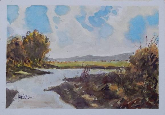 Carlos Enrique Lencinas Gómez. Acuarela sobre papel ”Paisaje campestre y río”. Firmado a mano. Montado en cartón pluma. 25x35 cm. 