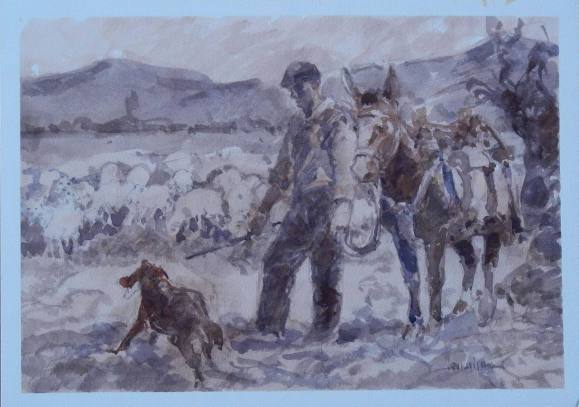 Carlos Enrique Lencinas Gómez. Acuarela sobre papel ”Pastor, rebaño, burro y perro”. Firmado a mano. Montado en cartón pluma. 25x35 cm. 