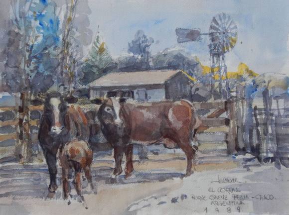 Carlos Enrique Lencinas Gómez. Acuarela sobre papel ”El Corral. Roque Sáenz Peña Chaco. Argentina”. 1989. Firmado a mano. 31x41 cm. 