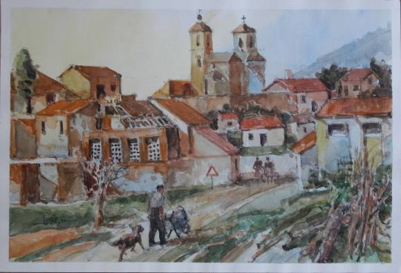 Carlos Enrique Lencinas Gómez. Acuarela sobre papel. ”Pueblo con iglesia, campesino con carreta y perro”. Firmado a mano. 29x42 cm. Detrás presenta dibujo a lápiz. 
