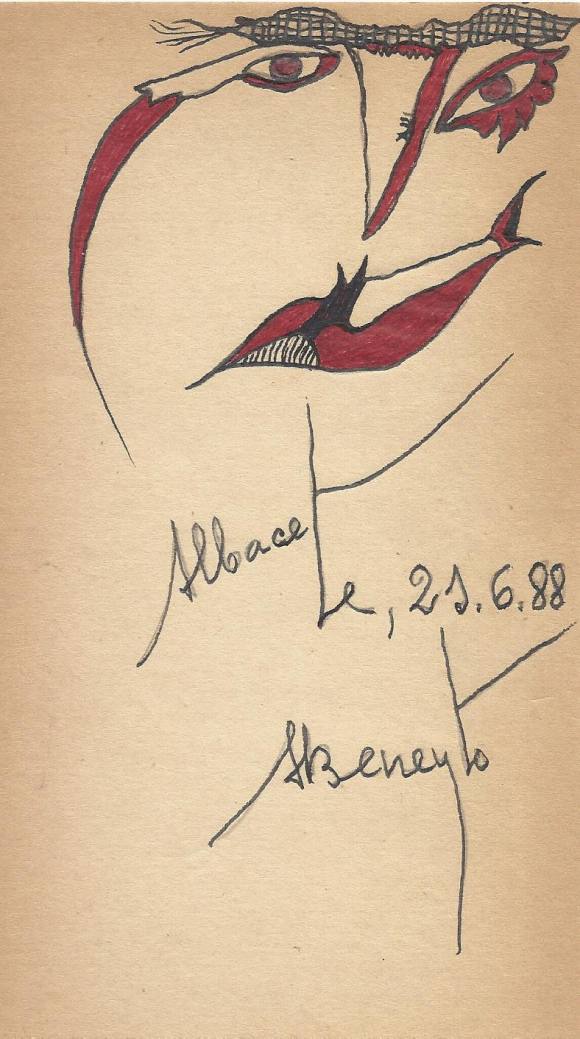 Antonio Beneyto. Dibujo a tinta y color sobre papel. Surrealismo. Firmado a mano. Albacete. 1988. 19x10,5 cm.