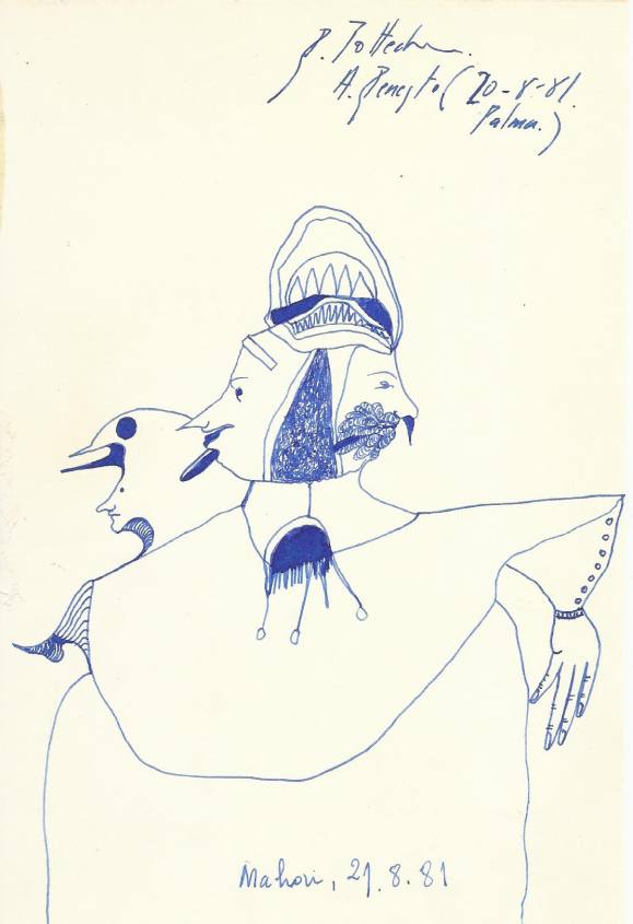 Antonio Beneyto. Dibujo a tinta sobre papel. Surrealismo. Firmado a mano. 21x14 cm. 1981. Mahón.