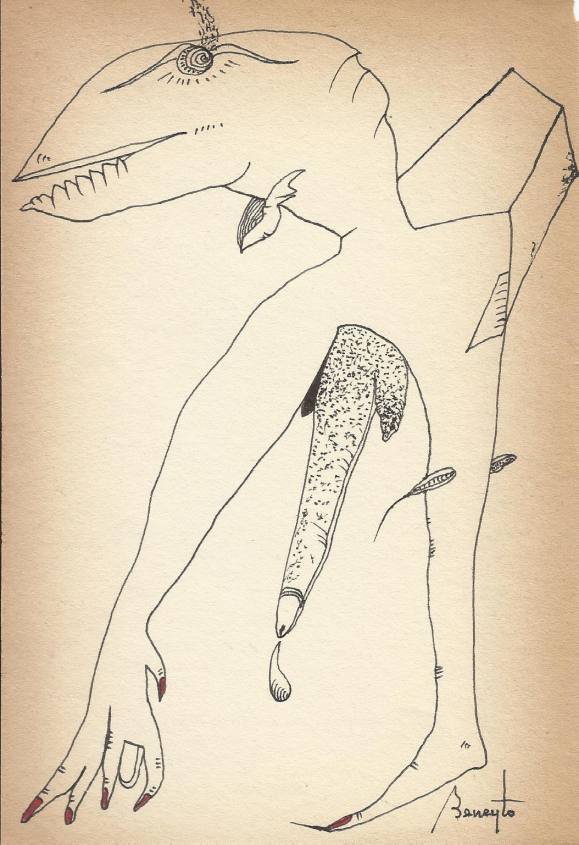 Antonio Beneyto. Dibujo a tinta y color sobre papel. Surrealismo. Firmado a mano. 20x13,5 cm. 