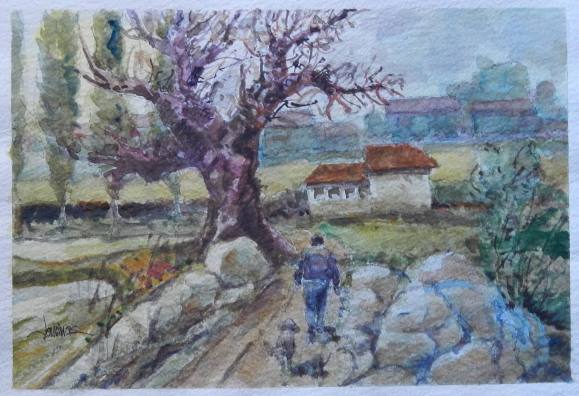 Carlos Enrique Lencinas Gómez. Acuarela sobre papel. ”Casa, árbol, señor y perro”. Firmado a mano. 25x36 cm. 