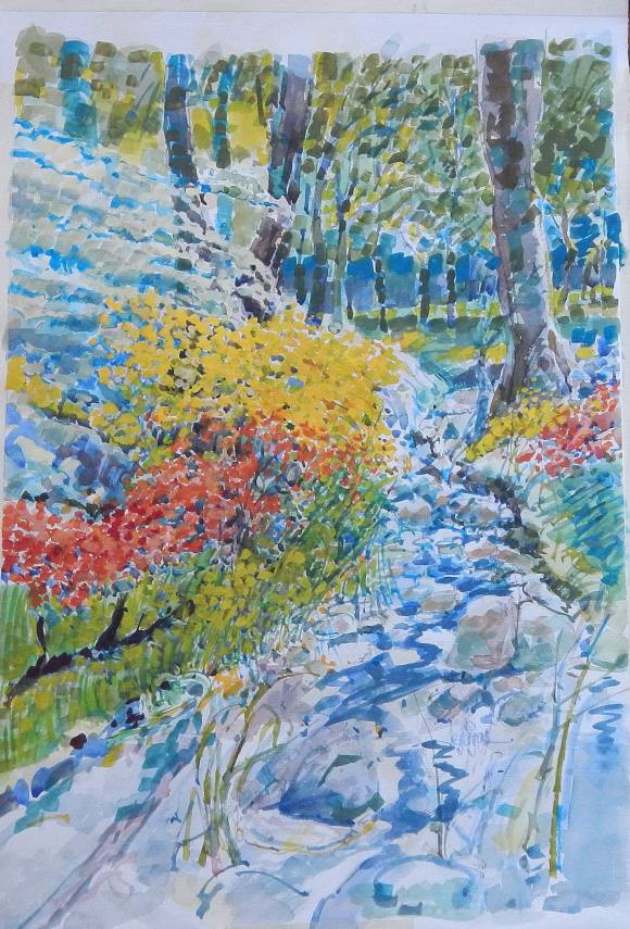Carlos Enrique Lencinas Gómez. Acuarela sobre papel. ”Riachuelo, flores y árboles”. Firmado a mano. 57x38 cm. 