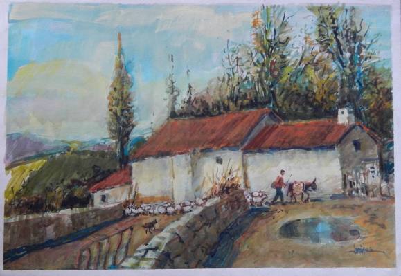 Carlos Enrique Lencinas Gómez. Acuarela sobre papel. ”Casa, pastor, burro y perro.”. Firmado a mano. 35x50 cm. 