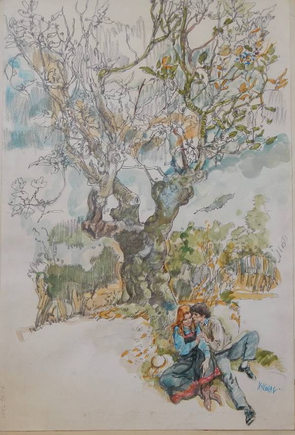 Carlos Enrique Lencinas Gómez. Tinta y acuarela sobre papel. ”Pareja de enamorados y árbol