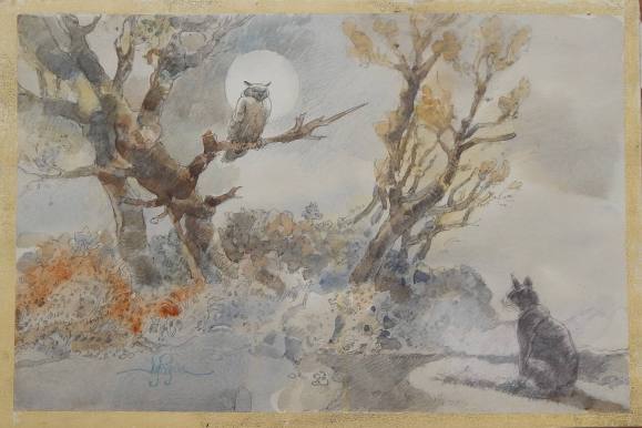 Carlos Enrique Lencinas Gómez. Tinta y acuarela sobre papel. ”Búho, luna, árboles y gato