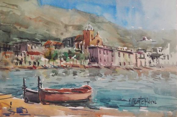 Manuel Vicente Mora. Acuarela sobre papel. ”Port de la Selva. Costa Brava”. Firmado a mano. 24x35 cm. 