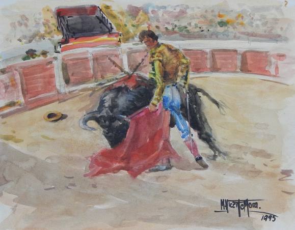 Manuel Vicente Mora. Acuarela sobre papel. ”Toros. Torero. Tauromaquia”. Firmado a mano. 22x27 cm. 1995. 