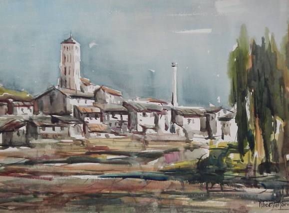 Manuel Vicente Mora. Acuarela sobre papel. ”Pueblo”. Firmado a mano. 42x56 cm. 