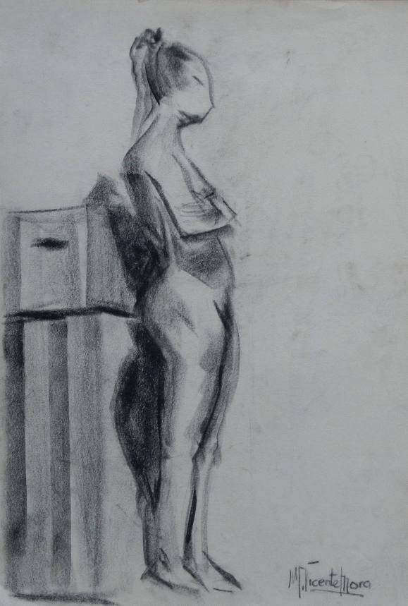Manuel Vicente Mora. Carboncillo sobre papel. ”Desnudo femenino y caras”. Firmado a mano. 31x22 cm. 