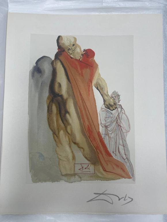 Salvador Dalí - Infierno 31 - Gigante con capa roja acogiendo a Dante