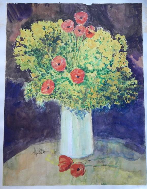 Carlos Enrique Lencinas Gómez. Acuarela sobre papel. ”Jarrón y amapolas rojas”. Firmado a mano. 65x50 cm. 