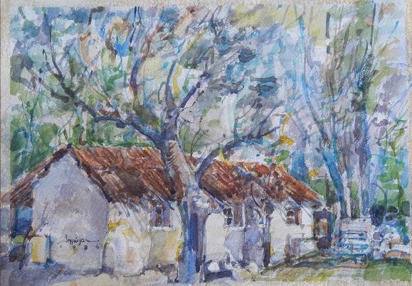 Carlos Enrique Lencinas Gómez. Acuarela sobre papel. ”Casa y árboles. 1989.”. Firmado a mano.. 36x50 cm. 