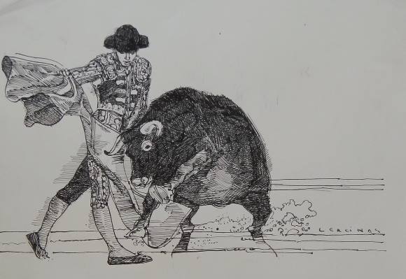 Carlos Enrique Lencinas Gómez. Tinta sobre papel. ”Torero con capote y toro”. Firmado a mano. 30x42 cm. 