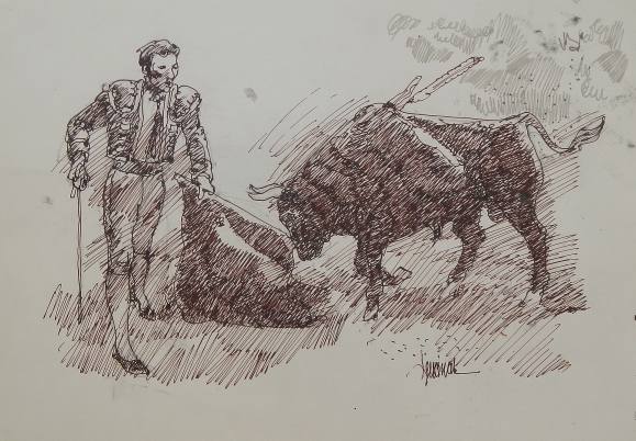 Carlos Enrique Lencinas Gómez. Tinta sobre papel. ”Torero con capote y toro”. Firmado a mano. 30x42 cm. Presenta manchitas. Esbozo toros detrás. 